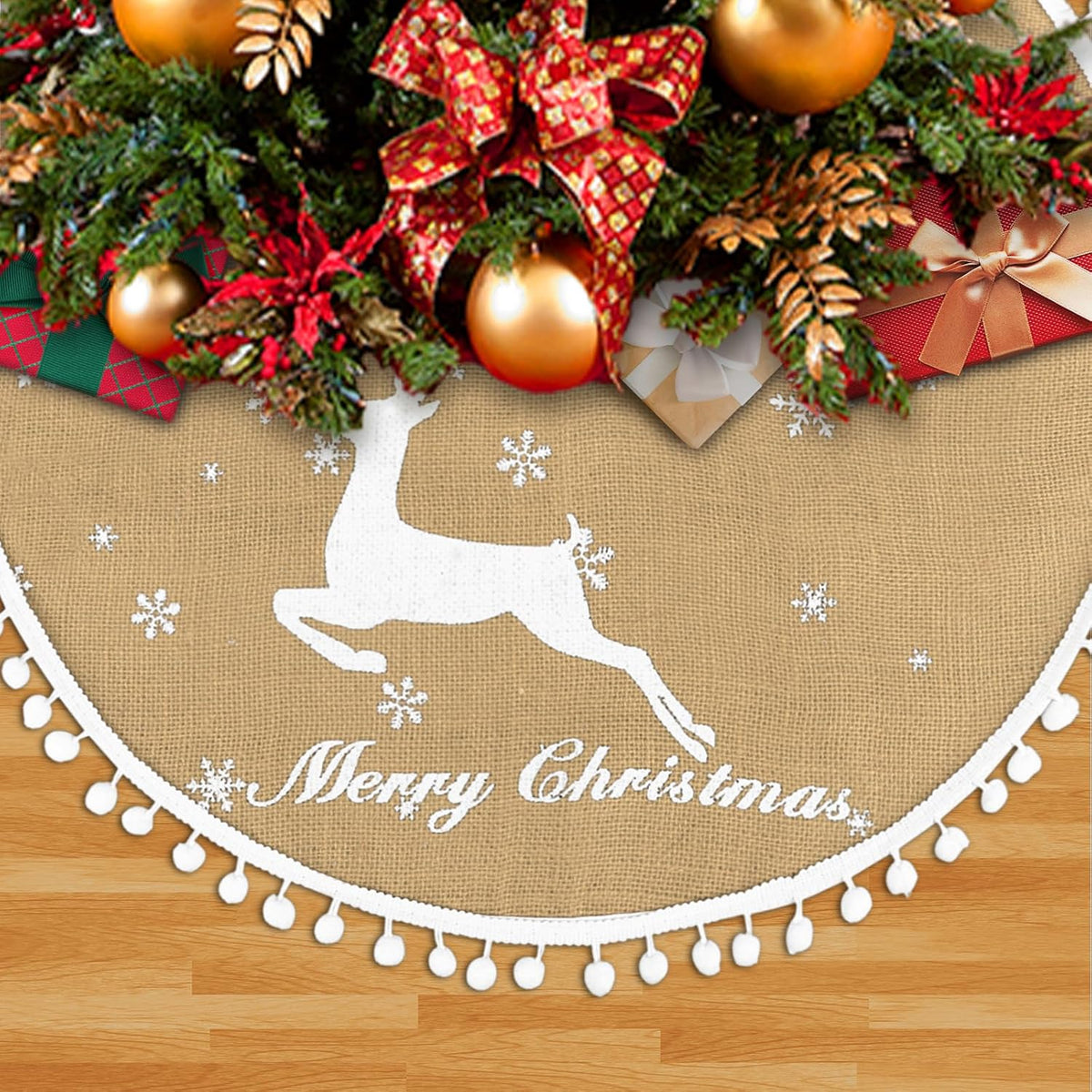 24 Inch Christmas Tree Skirt, Burlap Linen Color Christmas Rustic Tree Skirt with Elk Deer and White Snowflake Printed for Holiday Party Xmas Tree Decoration