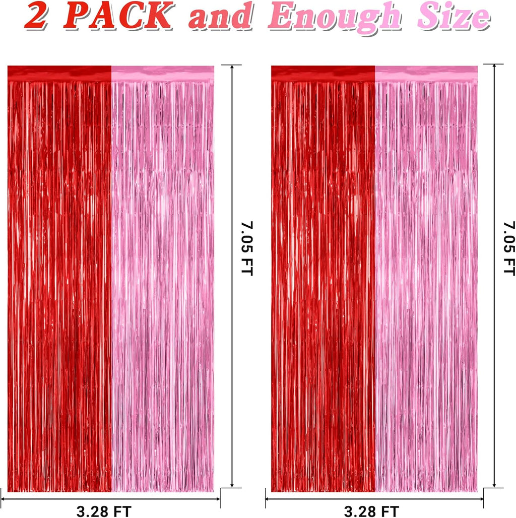 2 Pack Backdrop Curtains, 3.28 Feet x 7.05 Feet Red Pink Backdrop, Metallic Fringe Curtains Tinsel Backdrop Party Streamer, Babie Backdrop Happy Birthday Party Supplies Decorations