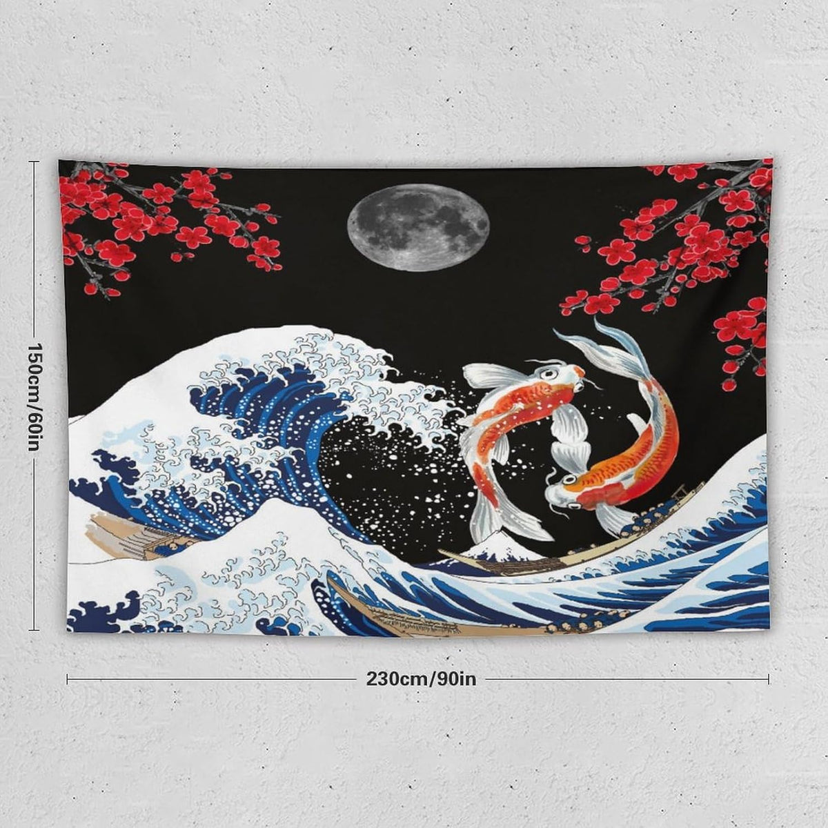 Houselerax Japanese Koi Fish Tapestry, Yin Yang Big Wave Red Cherry Blossom Tapestries Wall Hanging for Bedroom Living Room Office Decor 90"x60"
