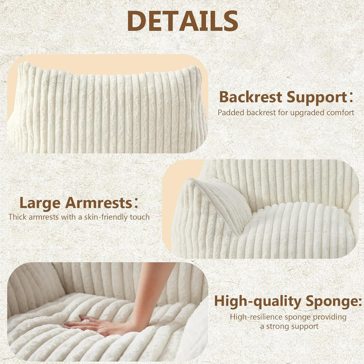 Giant Bean Bag Chairs for Adults Teens, Large Bean Bag Sofa Chairs with Filling Comfy Fuzzy BeanBag Chair with Armrests for Bedroom Living Room Reading