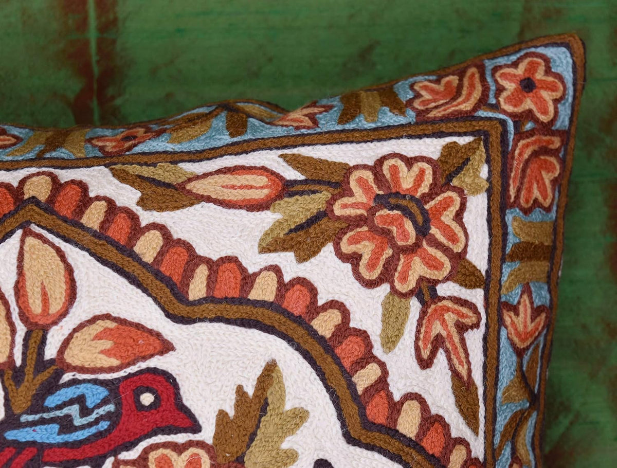 Tree of Life Pillow Cover - Gold Birds & Floral Suzani Cushions - Designer Flower Pillows - Modern Hand Embroidered Wool - Size 18x18