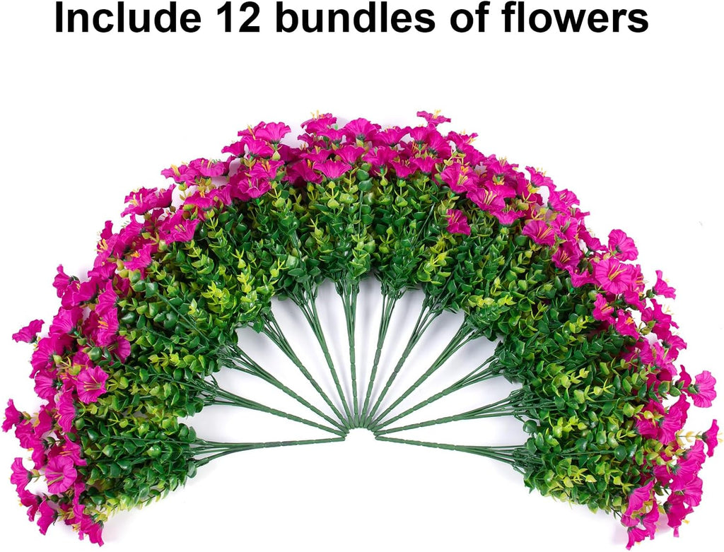 Artificial Flowers for Outdoors Fake Plants, 12 Bundles Faux Fuchsia Morning Glory UV Resistant Look Real Silk Flowers for Outside Planter Front Door Porch Patio Yard Fall Autumn Decoration