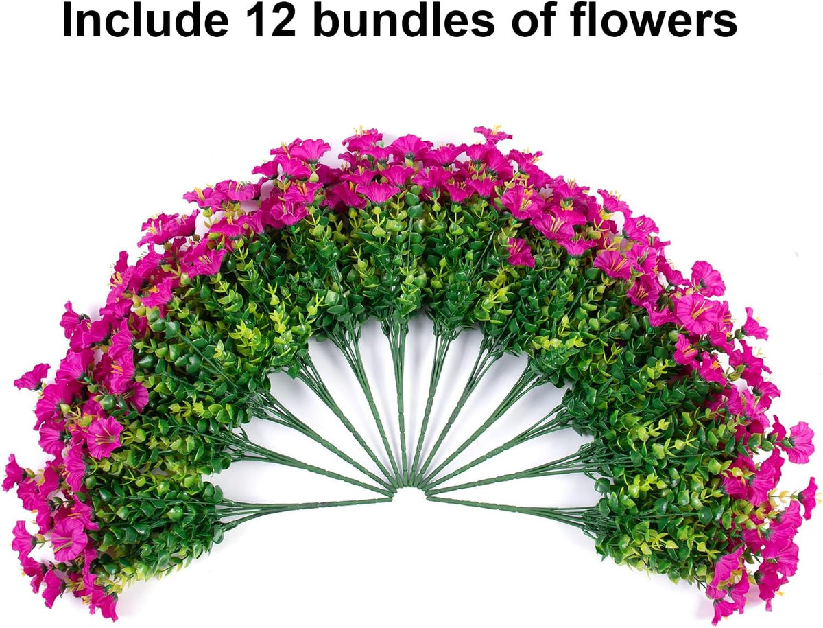 Artificial Flowers for Outdoors Fake Plants, 12 Bundles Faux Fuchsia Morning Glory UV Resistant Look Real Silk Flowers for Outside Planter Front Door Porch Patio Yard Fall Autumn Decoration