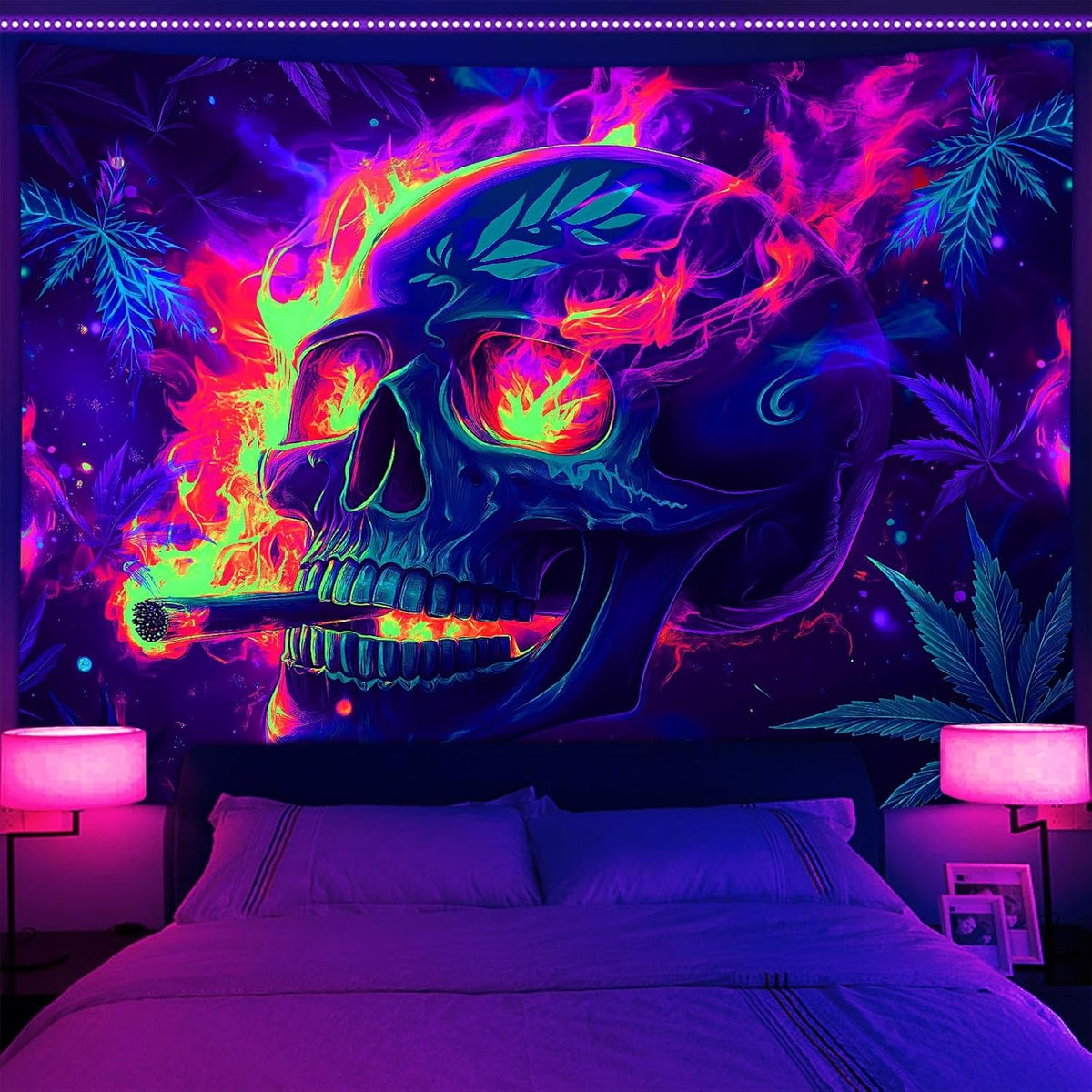 Blacklight Skeleton Tapestry, Glowing Skull UV Reactive Gothic Wall Hanging Tapestries, Glow in the Dark Grim Reaper Magic Horror Face Halloween Poster Tapestry for Bedroom Living Room Decor 90X70IN