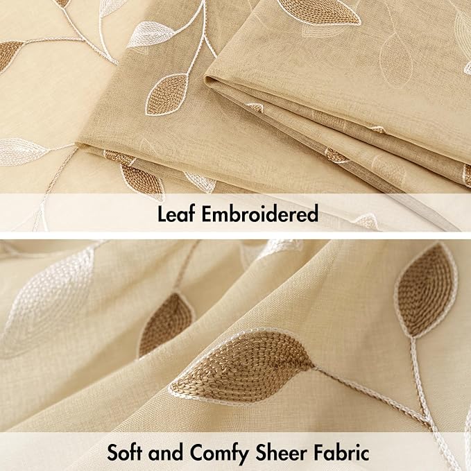 MIULEE Khaki Sheer Curtains 2 Panels Embroidered Leaf Patterned, W52 x L54 | - Image 4