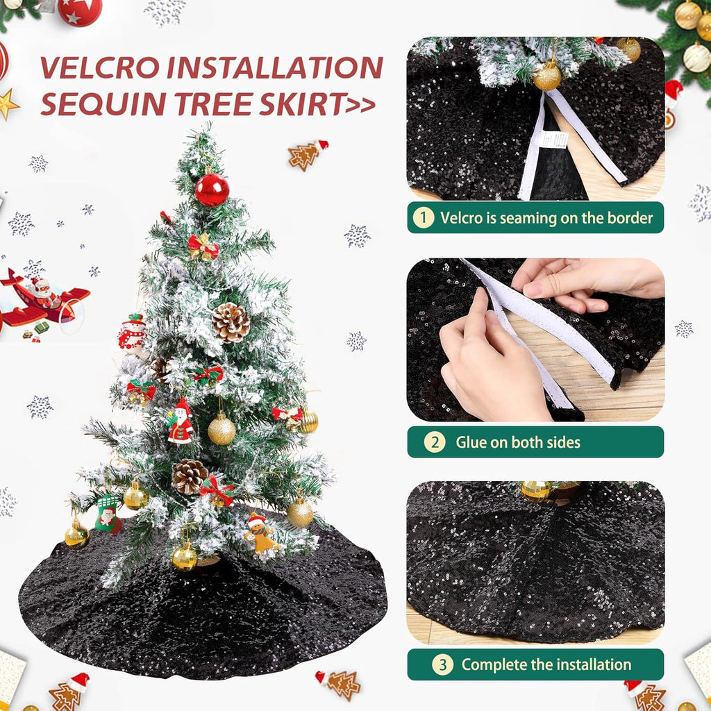 Glitter Black Tree Skirt 24 Inches Sequin Fabric Xmas Small Tree Skirt Tabletop Tree Christmas Halloween Party Ornaments