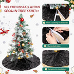 Glitter Black Tree Skirt 24 Inches Sequin Fabric Xmas Small Tree Skirt Tabletop Tree Christmas Halloween Party Ornaments
