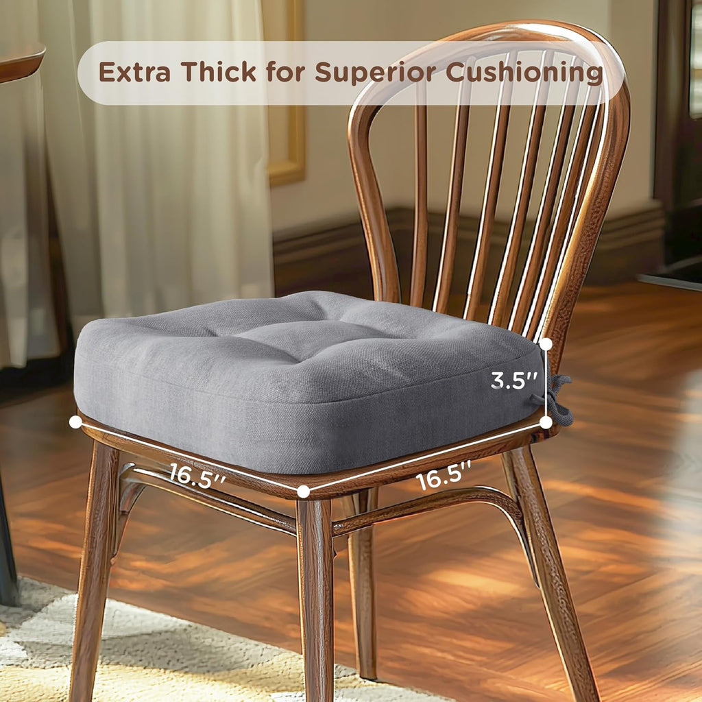 Codi 6 Pack Dining Chair Cushions, Thick Chairs Pads for Indoor Kitchen Room - Washable, Non-Slip Seat Cushion with Ties, 16.5"x16.5"x 3.5", Set of 6, Grey