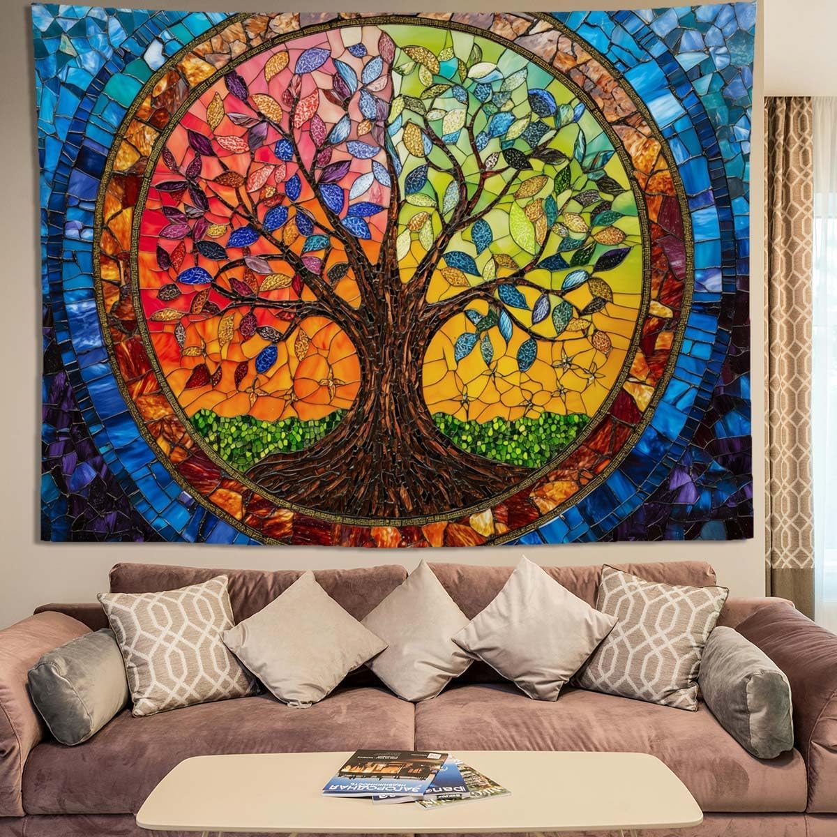 keowhsf Tree of Life Tapestry Wall Hanging – Colorful Stained Glass Look Wall Art with Fantasy Aesthetic, Large Tapestry for Bedroom, Living Room, Home Decor