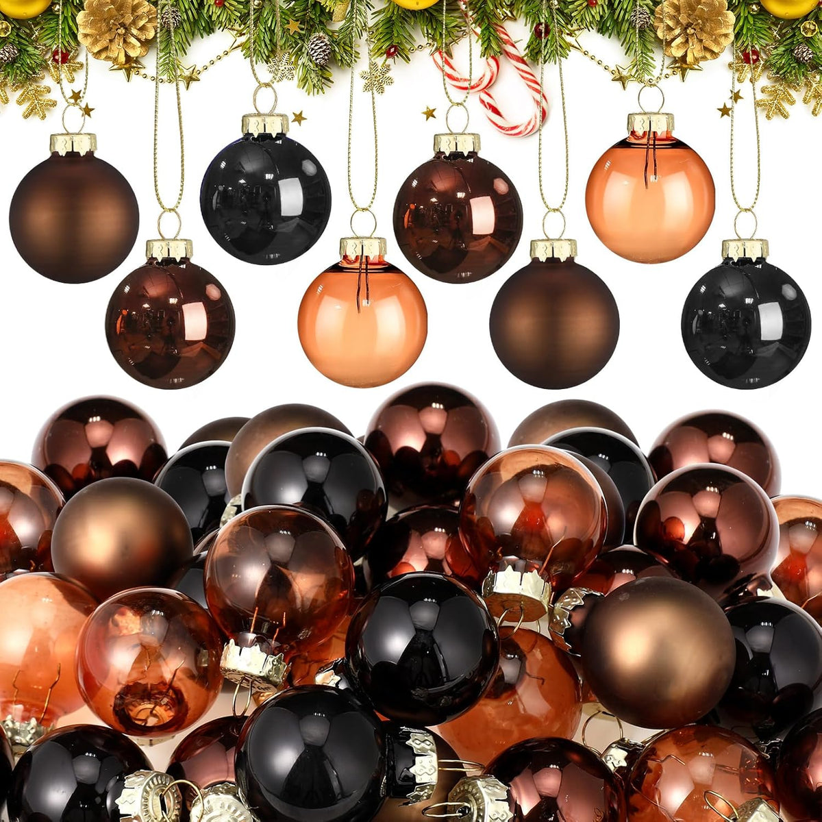 Tioncy 32 Pcs 1 Inch Mini Glass Christmas Ornaments Balls Shiny Christmas Balls Tiny Tree Hanging Decoration Small Colorful Ball Pendant for Xmas Party Supplies(Multi Brown, Black)