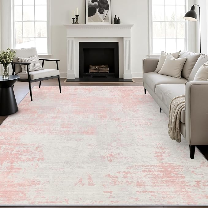 9x12 Area Rug Living Room: Modern Washable Soft Carpet Pink White | by FXRHLP