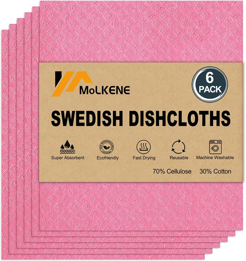 Swedish Dishcloths for Kitchen | 6 Pack Absorbent Cellulose Sponge Cloths Washable | Non-Scratch Reusable Paper Towels Quick Drying Cleaning Cloths - Pink