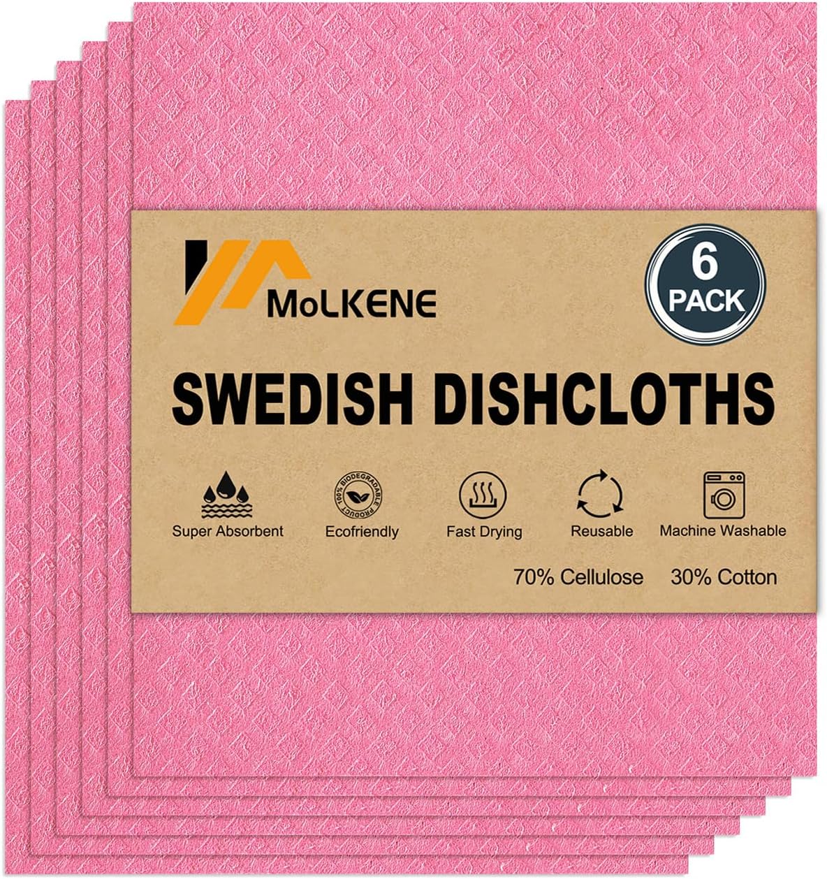 Swedish Dishcloths for Kitchen | 6 Pack Absorbent Cellulose Sponge Cloths Washable | Non-Scratch Reusable Paper Towels Quick Drying Cleaning Cloths - Pink