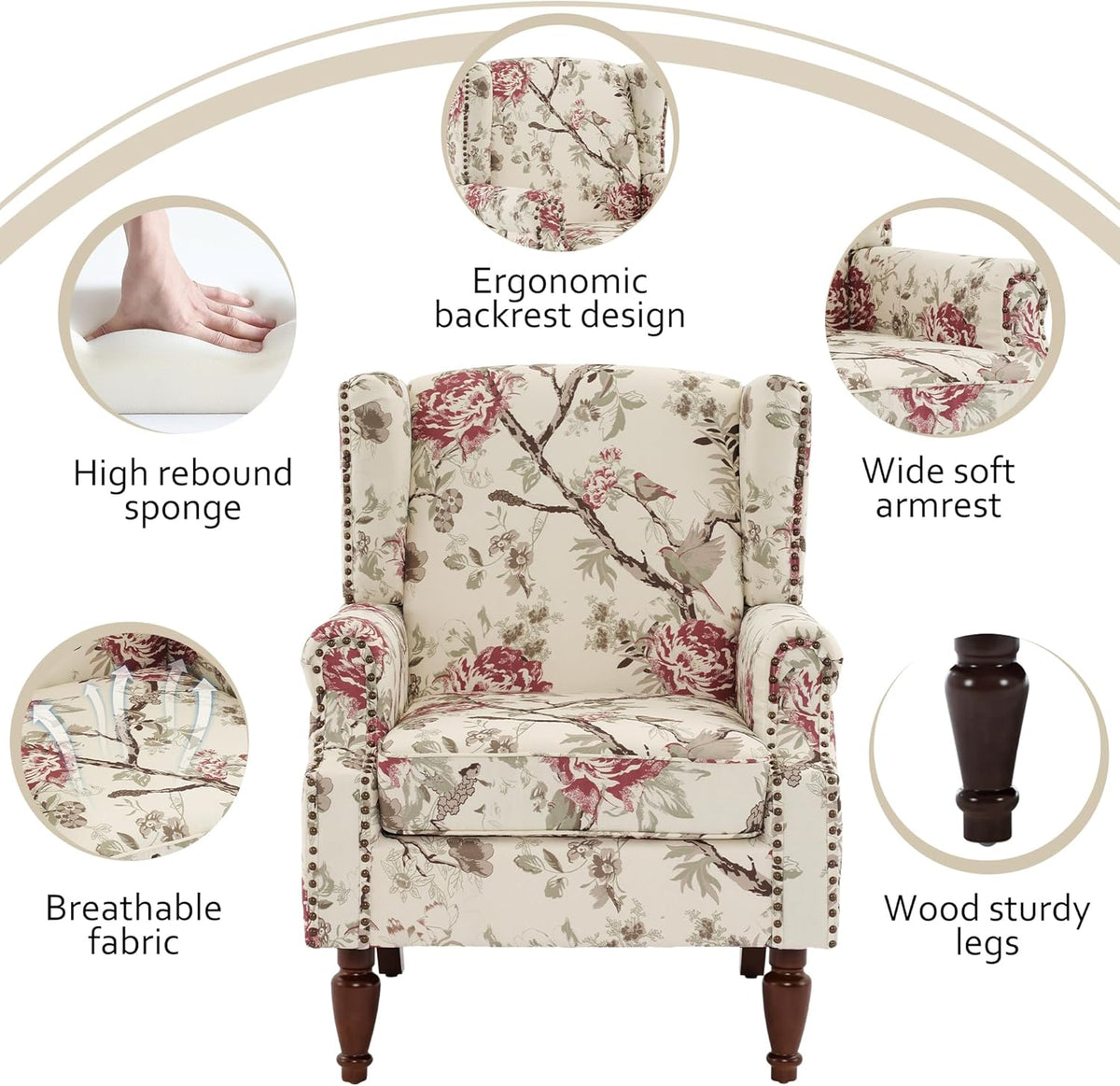 Lumibee Wingback Accent Chair,High Back Floral Armchairs in Fabric,Comfy Upholstered Reading Single Sofa Chair with Solid Wood Legs for Living Room,Bedroom,Office-Floral Beige