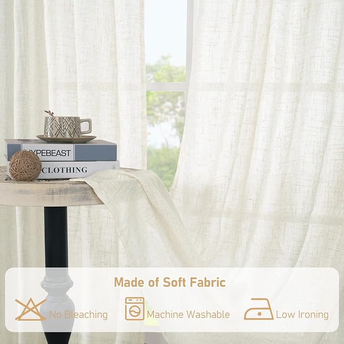 Cream Linen Curtains 63 Inch for Bedroom Small Window 2 Panels | Light Filtering - Image 8