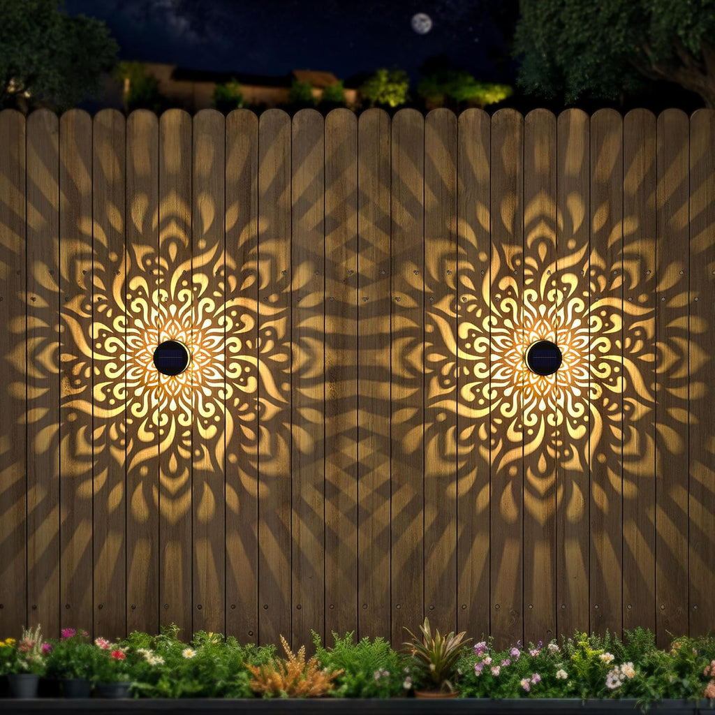 2 Pack Large Solar Fence Lights Metal Solar Powered Outdoor Wall Deck Step Lights Mandala Theme Waterproof Fence Light for Garden Post Patio Backyard Yard Decor, Gardening Gifts for Women Mom Grandma