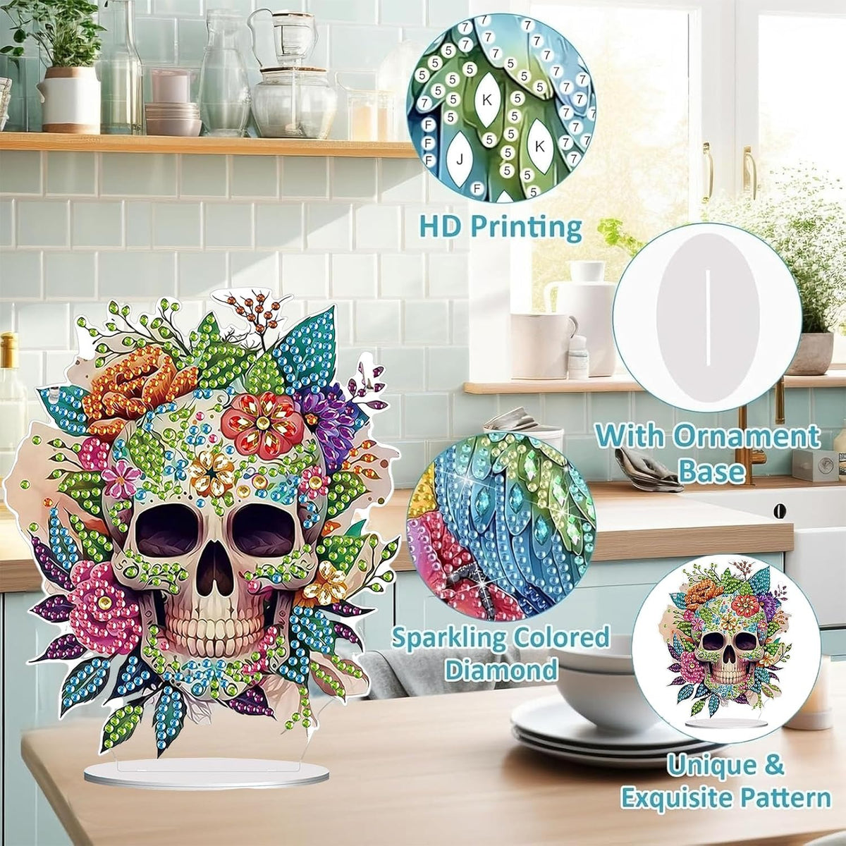 Diamond Painting Kits for Adults Beginners, 5D Full Drill Skull Crystal Art Desktop Ornament, DIY Single Sided Home Office Desk Decor, Creative Craft Gift Set with Tools