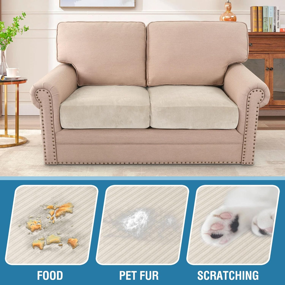 H.VERSAILTEX Velvet Stretch Couch Cushion Cover Plush Cushion Slipcover for Chair Loveseat Sofa Cushion Furniture Protector Seat Cushion Sofa Cover (2 Piece Large Sofa Cushion Covers, Ivory Striped)