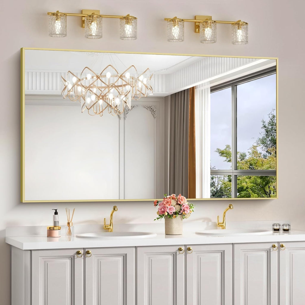 30x55In Gold Bathroom Mirror for Wall, Brushed Gold Rectangle Mirrors with Metal Frame, Bathroom Rectangular Mirror Modern Wall Mirror for Bedroom Living Room, Hangs Horizontal or Vertical