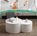 Round Nesting Coffee Table Set of 2 Handcraft Circle Fluted Nesting Coffee Tables Circular Side Table Drum Accent End Tables for Living Room Bedroom (White B Small)