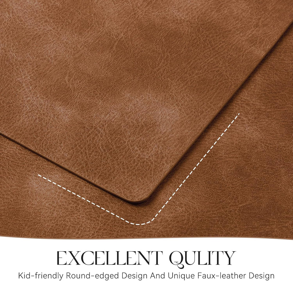 MOSAYT Vinyl Placemats Set of 6-12 X 17 Inch - Fall Faux Leather 100% Waterproof Oil-Proof Wipeable PU Place Mats, Heat Resistant Reversible Table Mats for Kitchen, Dining, Outdoor (Reddish Brown)