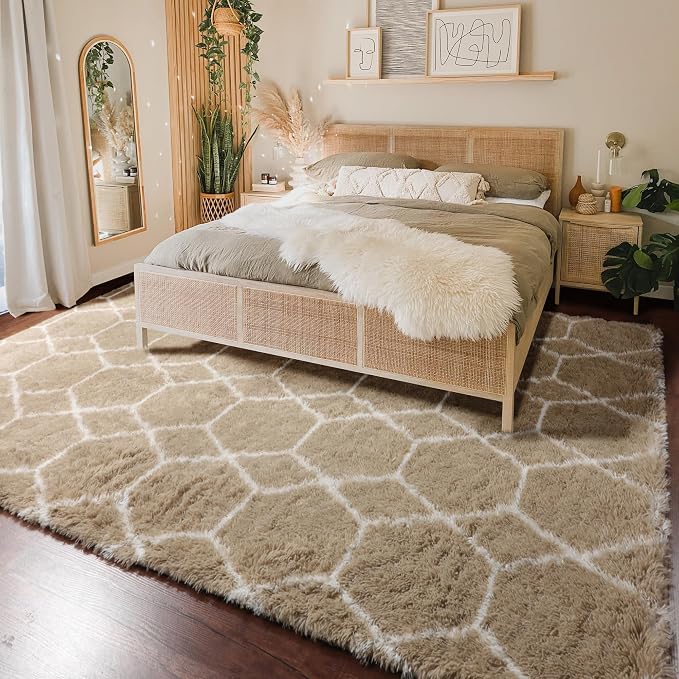 5x7 Area Rugs for Living Room Bedroom, Fluffy Beige and White Geometric Rug | - Image 5