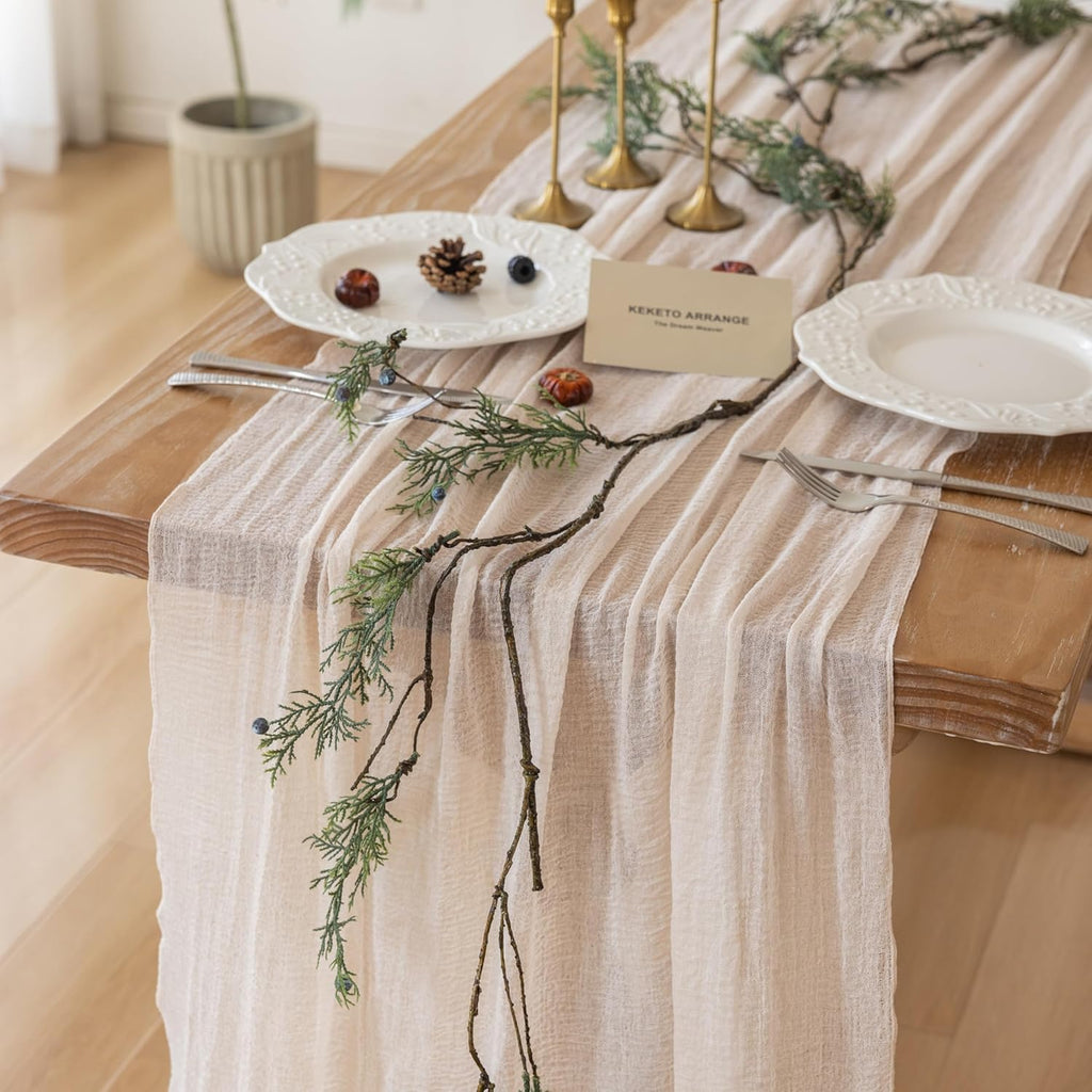 Beige Gauze Rustic Cheesecloth Table Runner 120 Inch 10 FT for Wedding Baby Shower Bridal Shower Birthday Engagement Garden Outdoor Party Long Sheer Boho Decorations