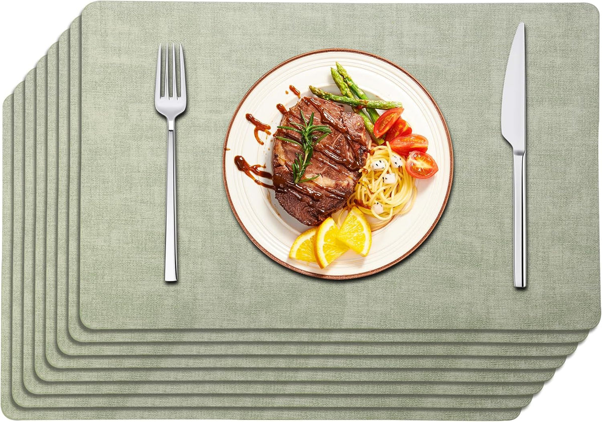 Maxpearl Faux Leather Placemats Set of 8 – Waterproof, Wipe Clean, Heat Resistant, Non-Slip Dining Table Mats for Indoor & Outdoor Use, 17”×12”, Sage Green