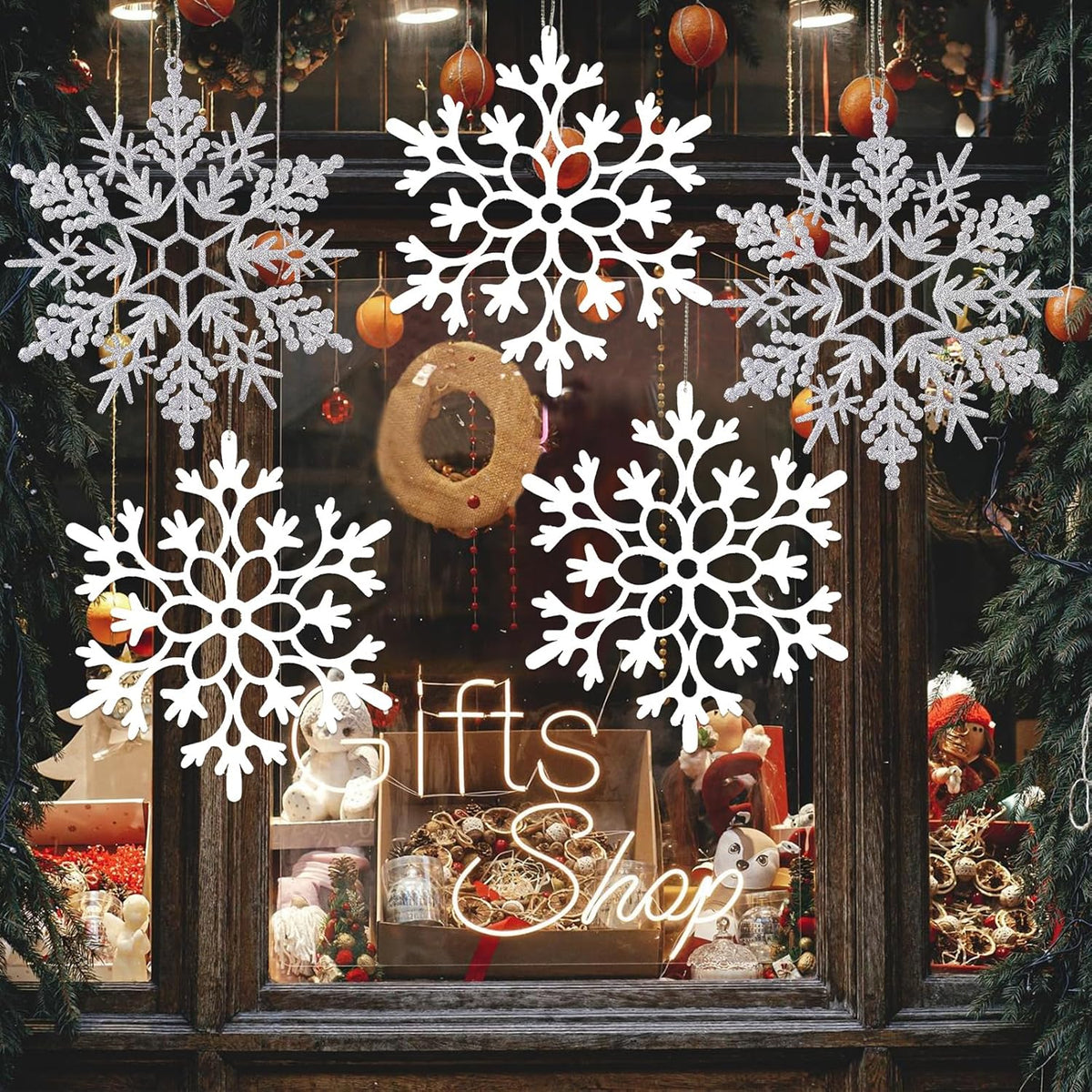 6pcs Large White Silver Snowflakes Ornaments Big Plastic Glitter Snowflake for Winter Indoor Outdoor Christmas Tree Window Room Decorations Giant Craft Snowflakes, 12/11.5 Inch