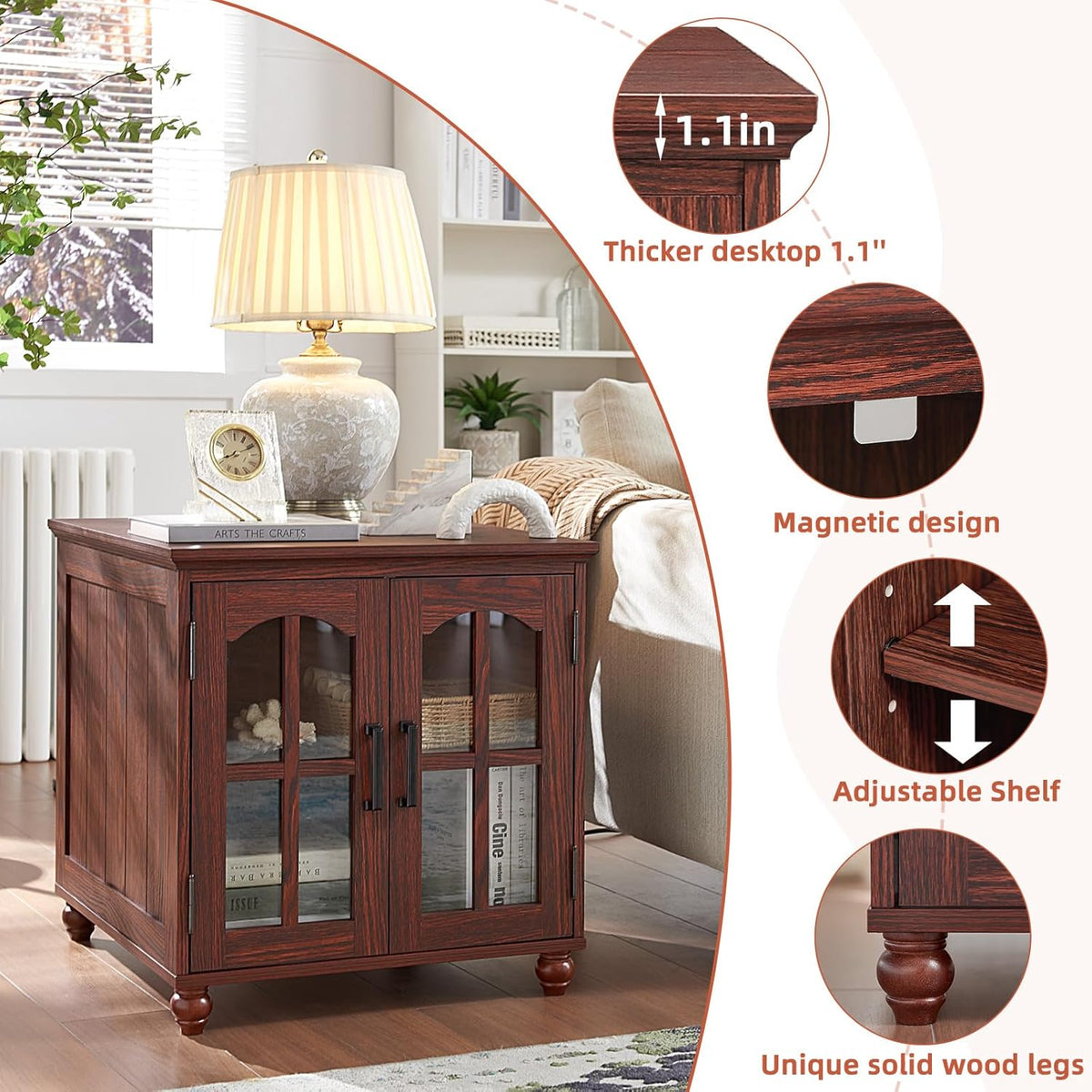 Farmhouse End Table with Charging Station,24" Large Sofa Side Table with Glass Barn Door,Rustic Wood Night Stand with Adjustable Storage Shelf,Square Bedside Table for Living Room,Bedroom Office