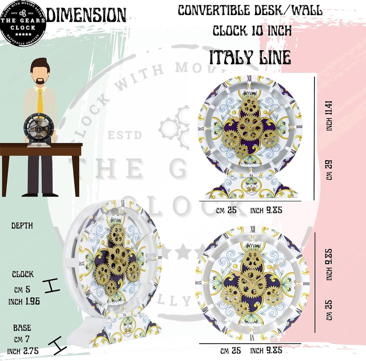 The Gears Clock Wall Clock Italy Collection with Moving Gears (Minori, 10 inch Round)