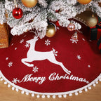 30 Inch Christmas Tree Skirt, Burlap Red Christmas Rustic Tree Skirt with Elk Deer and White Snowflake Printed for Holiday Party Xmas Tree Decoration