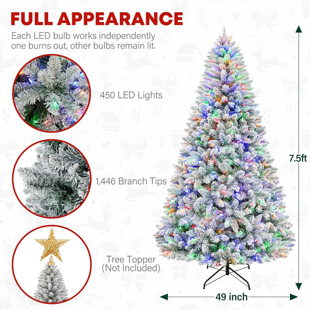 7.5ft Lighted Snow Flocked Christmas Tree, 450 Multicolor LED Lights, Artificial Christmas Tree with 1446 Branch Tips, Metal Stand & Hinged Branches for Decoration, 10 Modes