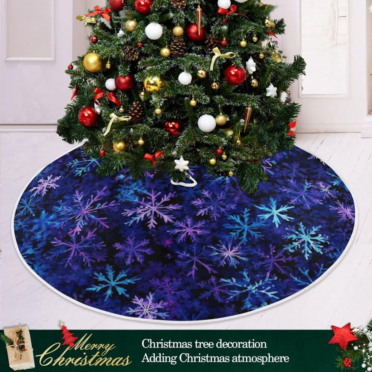 Christmas Blue Purple Snowflake Tree Skirt, Seasonal Tree Mat Holiday Party Supplies Ornaments Indoor Outdoor Decorations for Tabletop Trees 47.2 Inches