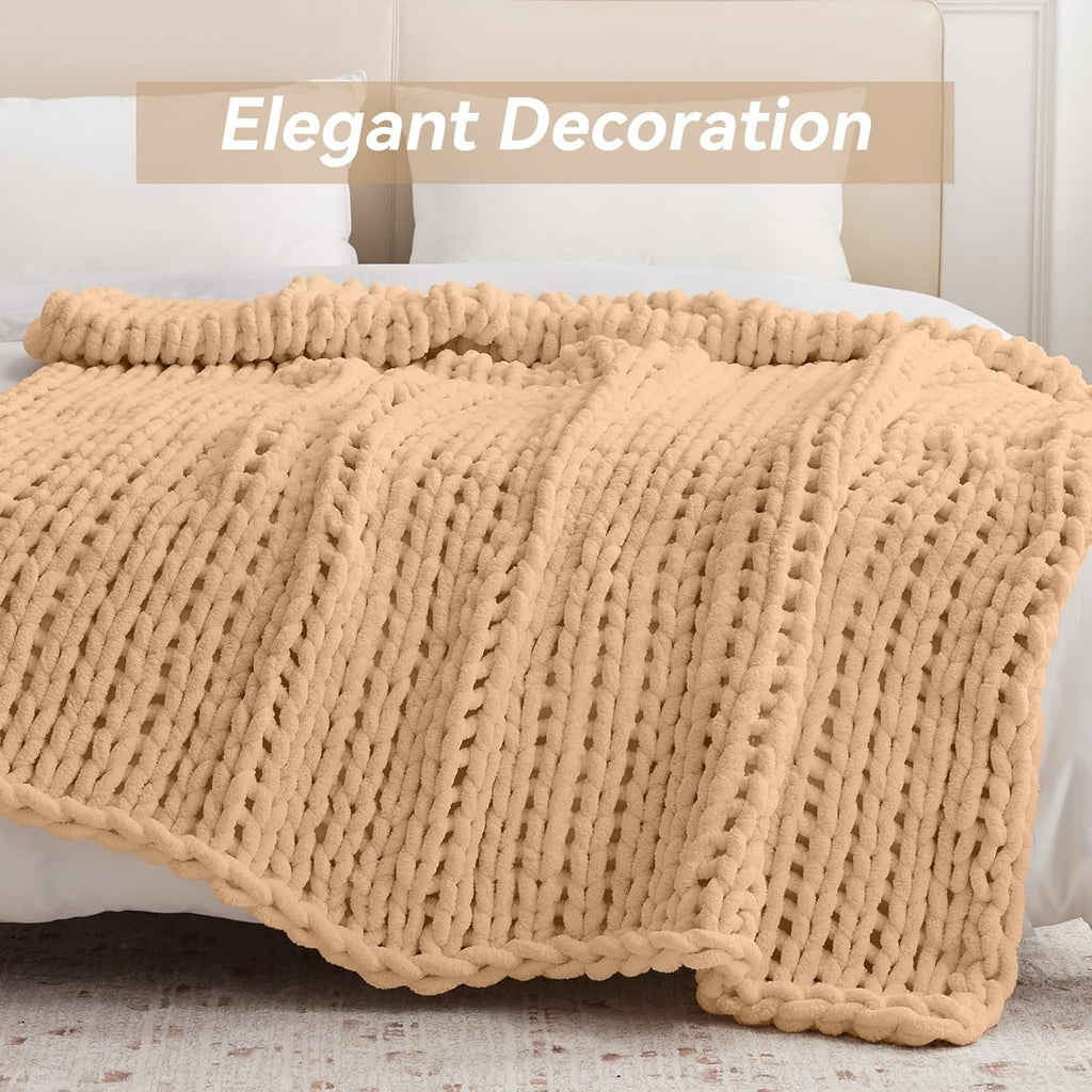 Chunky Knit Throw Blanket, 60''*80'' Knitted Throw Chenille Yarn for Bed Couch, Handmade Beige Crochet Big Thick Blanket, Machine Washable Cute Comfy Blanket for Home Decor