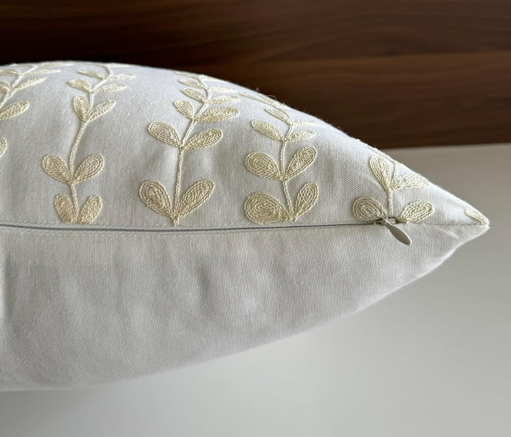 VAGMINE Embroidered Floating Leaves Throw Pillow Cover - 18x18 Inches Square - 100% Cotton Ivory Decorative Cushion Cover - Timeless Nature-Inspired Accent for Sofa, Couch & Modern Decor - Cream