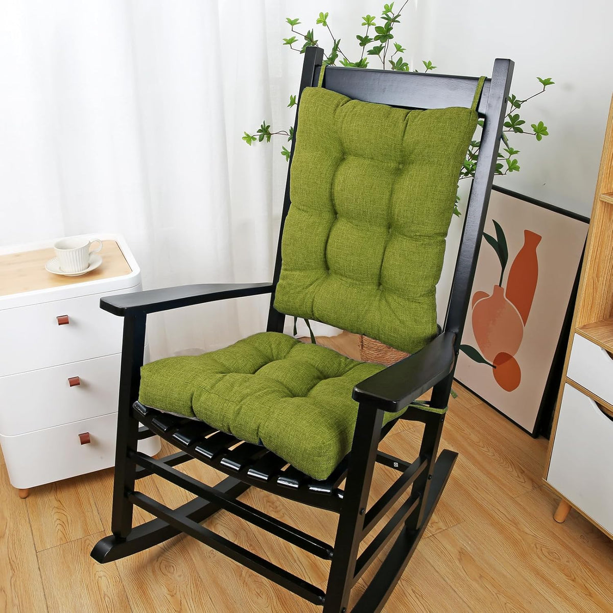 BUYUE Chair Cushion Set for Rocking Chair, Back Pillow & Seat Cushion with Ties, Original Woven Fabric Non-Slip Chair Pads for Elderly Sitting, Grass Green