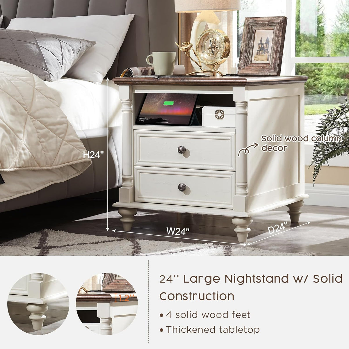 T4TREAM 24'' Farmhouse End Table w/4 Solid Wood Feet, Large 2 Drawers Wide Sofa Side Table with Charging Station, Tall Rustic Wood Square Nightstand for Living Room, Bedroom, Office, Antique White