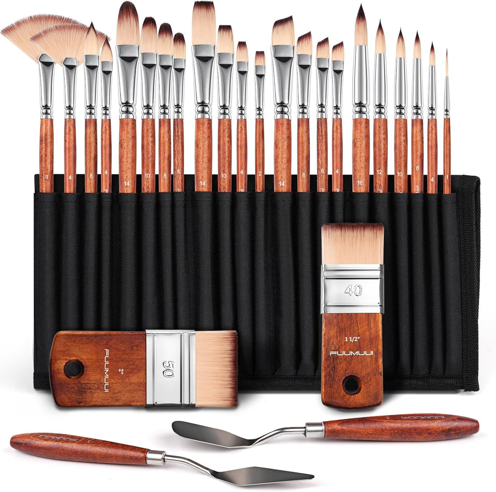 26pcs Paint Brush Set, Fuumuui Professional Acrylic Paint Brushes Complete Range of Sizes with Upgraded Short Handle Wide Flat Paintbrush for Acrylic, Oil, Watercolor and Gouache