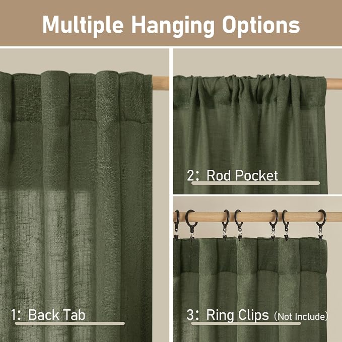 Linen Semi Sheer Curtains 96 inches Long 2 Panels Set, Olive Green | Light - Image 2