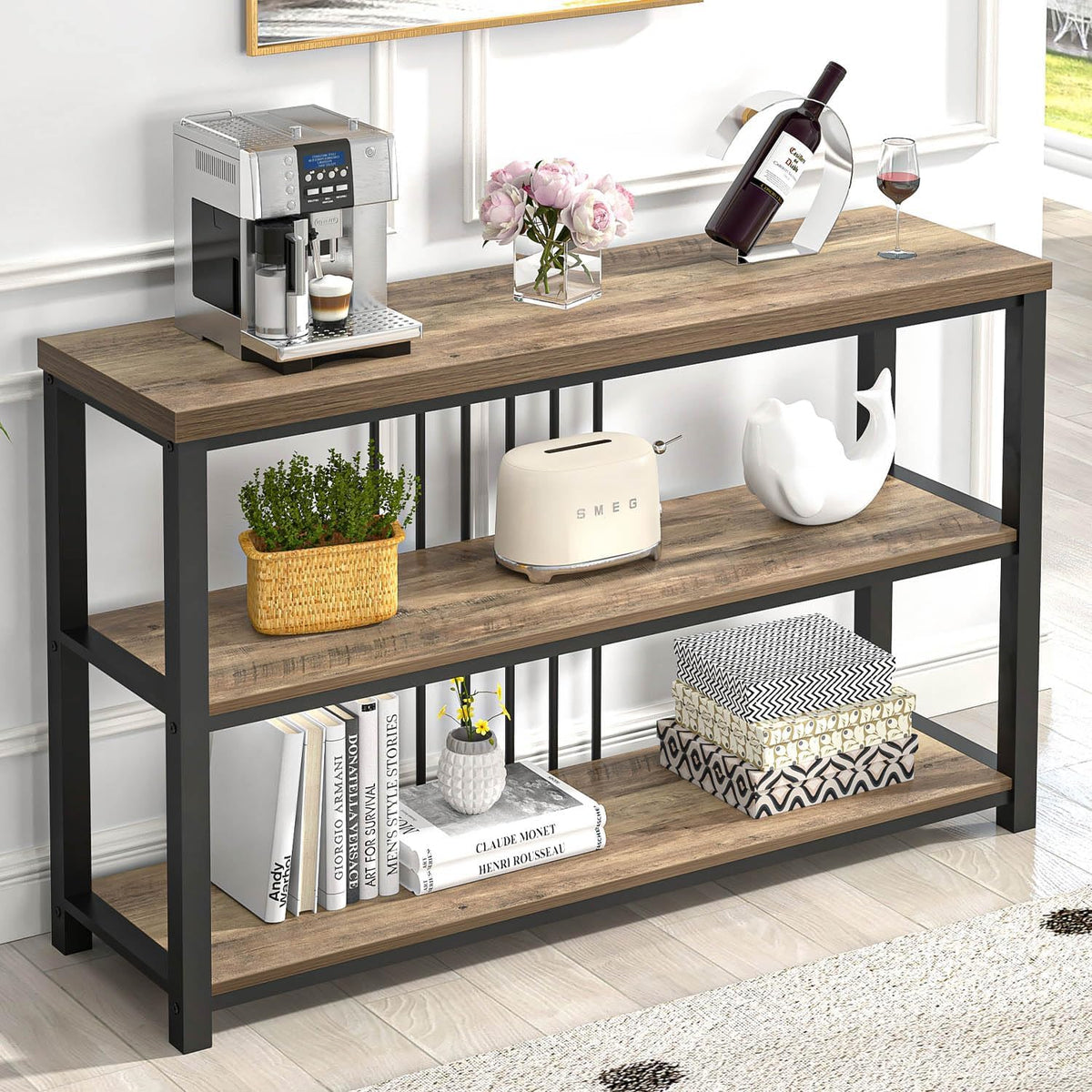 FOLUBAN Modern Sofa Table for Entryway, 3 Tier Narrow Console Table for Living Room Hallway Behind Couch, Rustic Oak