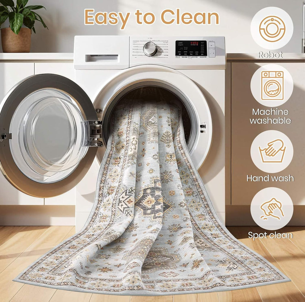 Washable Area Rugs for Living Room -10x12 Neutral Vintage Distressed Floral Farmhouse Boho Large Soft Floor Rug Indoor Non Slip Carpet for Living Room Bedroom Dining Room Office-Blue Brown