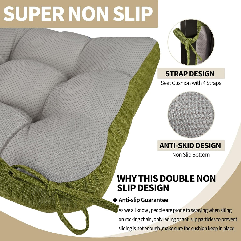 BUYUE Chair Cushion Set for Rocking Chair, Back Pillow & Seat Cushion with Ties, Original Woven Fabric Non-Slip Chair Pads for Elderly Sitting, Grass Green