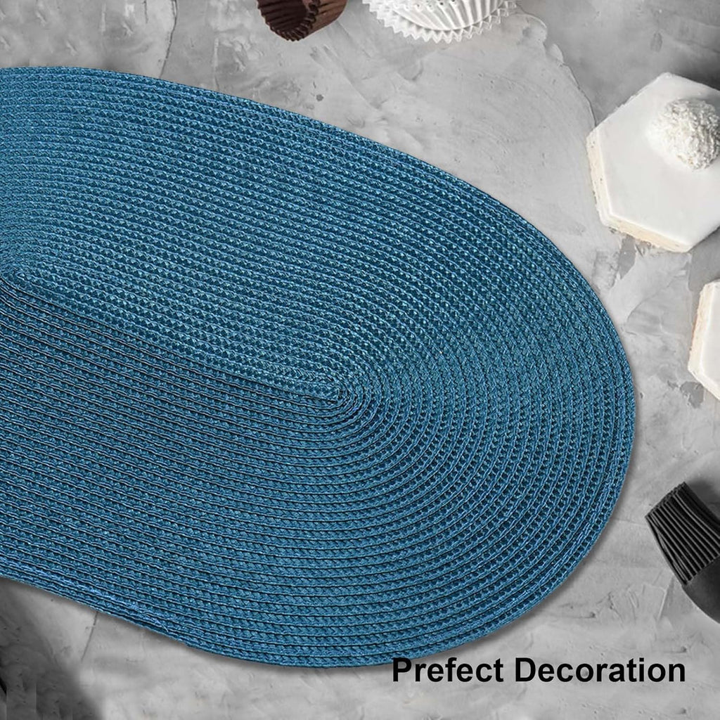 AHHFSMEI Placemats Set of 4 for Dining Table Washable Woven Vinyl Non-Slip 18x12 inches Placemat Heat-Resistant Durable Table Mats for Dining Table Easy to Clean (Oval Blue, 4)