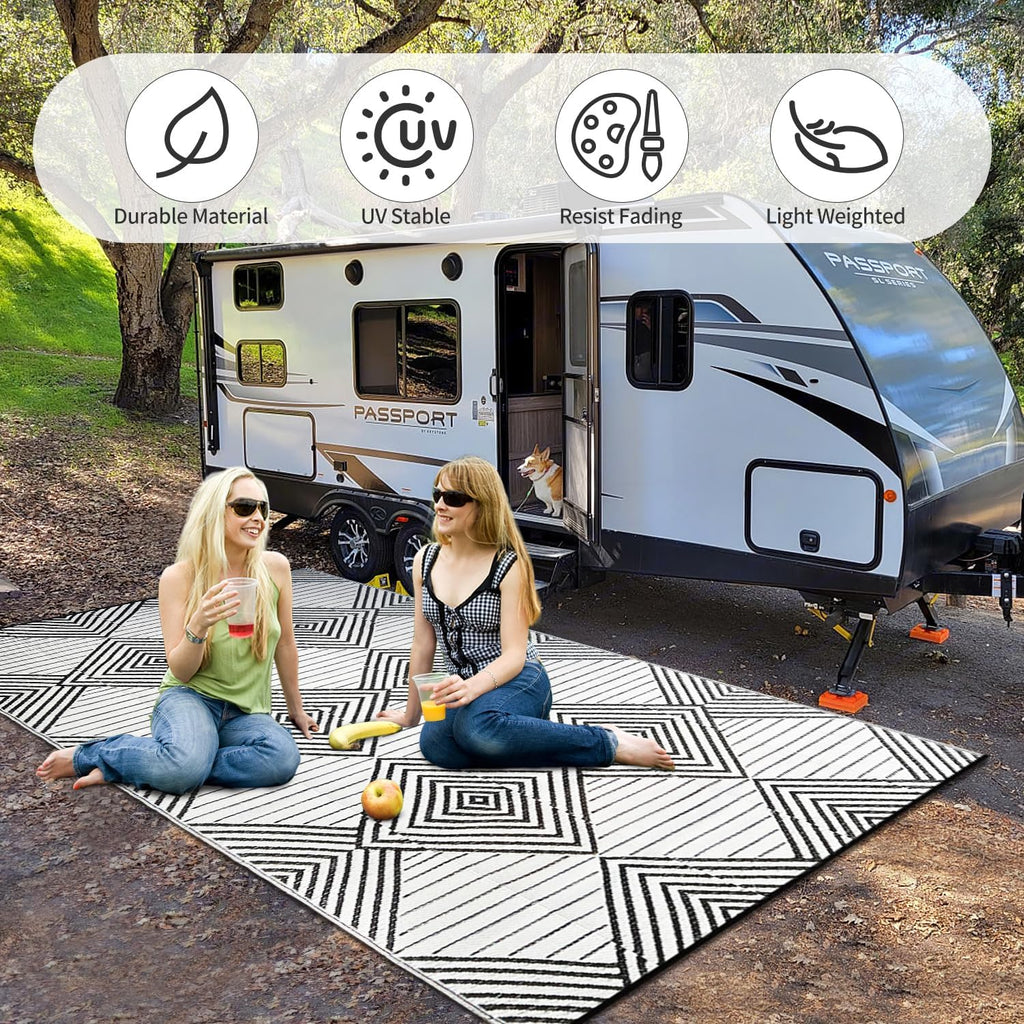 Waterproof Outdoor Rug 8x10ft, Foldable Reversible Plastic Straw Mat for Patio RV Deck Porch Backyard Balcony Camping Picnic Beach Indoor Outdoor Carpet, Black&White