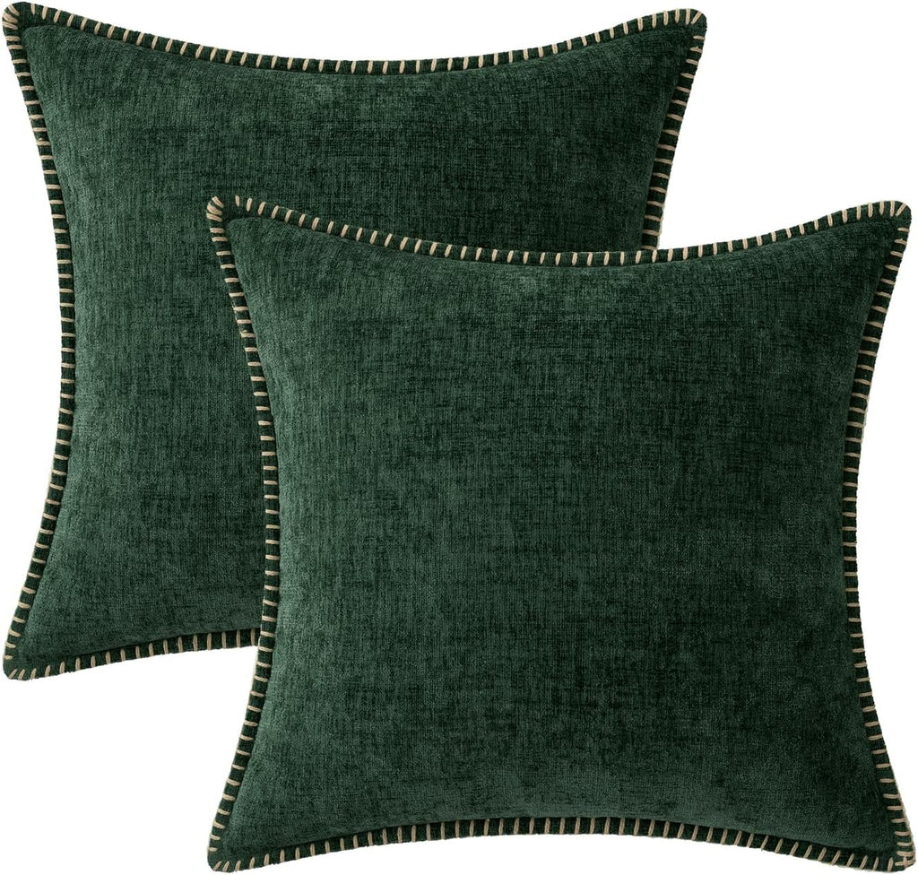 MIULEE Pack of 2 Christmas Pillow Covers 20x20 Inch Dark Green Farmhouse Decorative Throw Pillow Covers with Stitched Edge Soft Chenille Solid Dyed Couch Pillow Covers for Sofa Bed Living Room