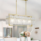 IKK Modern Gold Rectangle Chandeliers for Dining Room, Crystal Water Ripple Light Fixture, Elegant Farmhouse Linear Lighting for Kitchen Island, Bar Table, L33 x W9 x H12