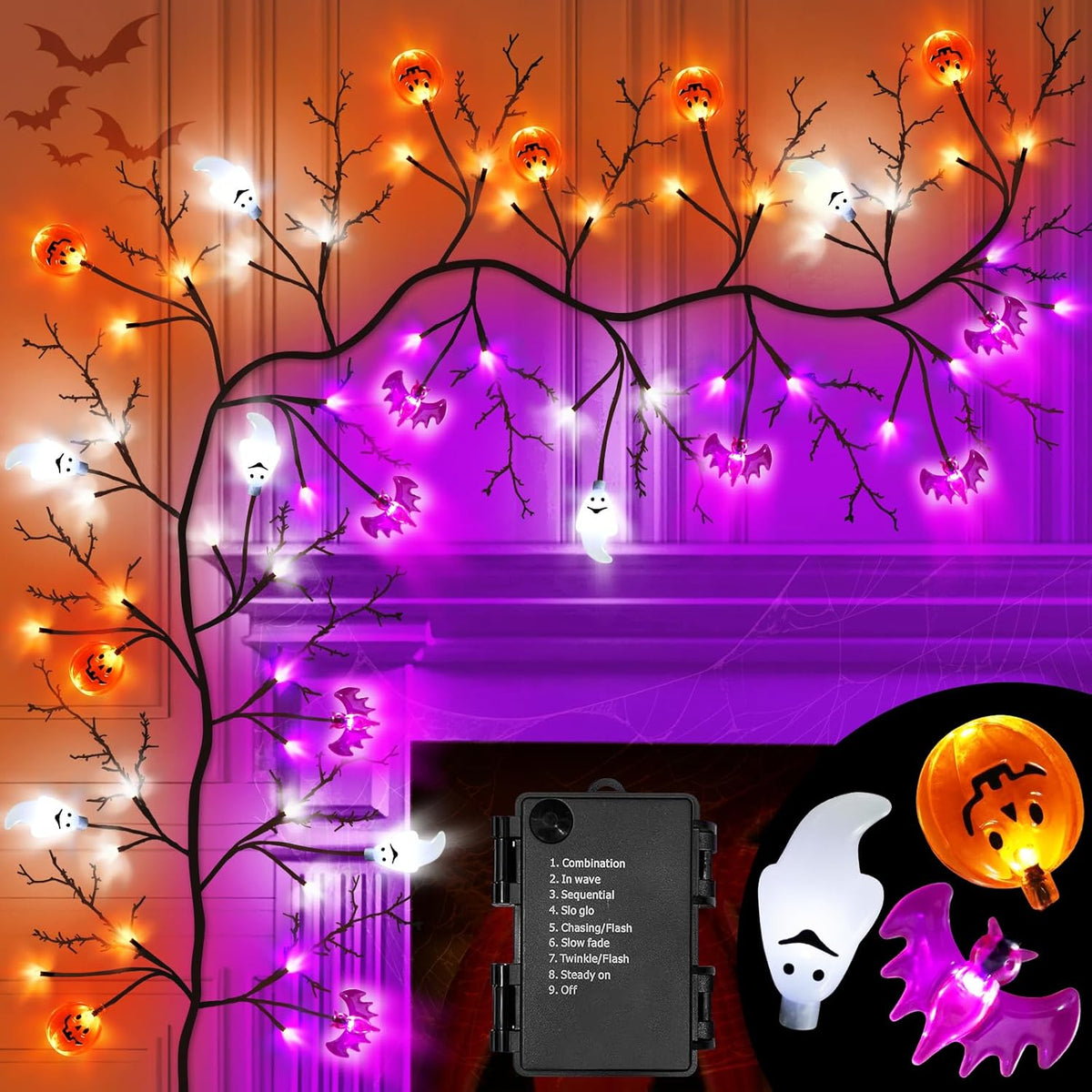7 Ft 63 LED Halloween Willow Vine Twig Garland with 8 Modes Timer Orange Purple White Lights,7 Pumpkin Bat Ghost, Garland with Battery Operated for Wall Fireplace Halloween Decorations