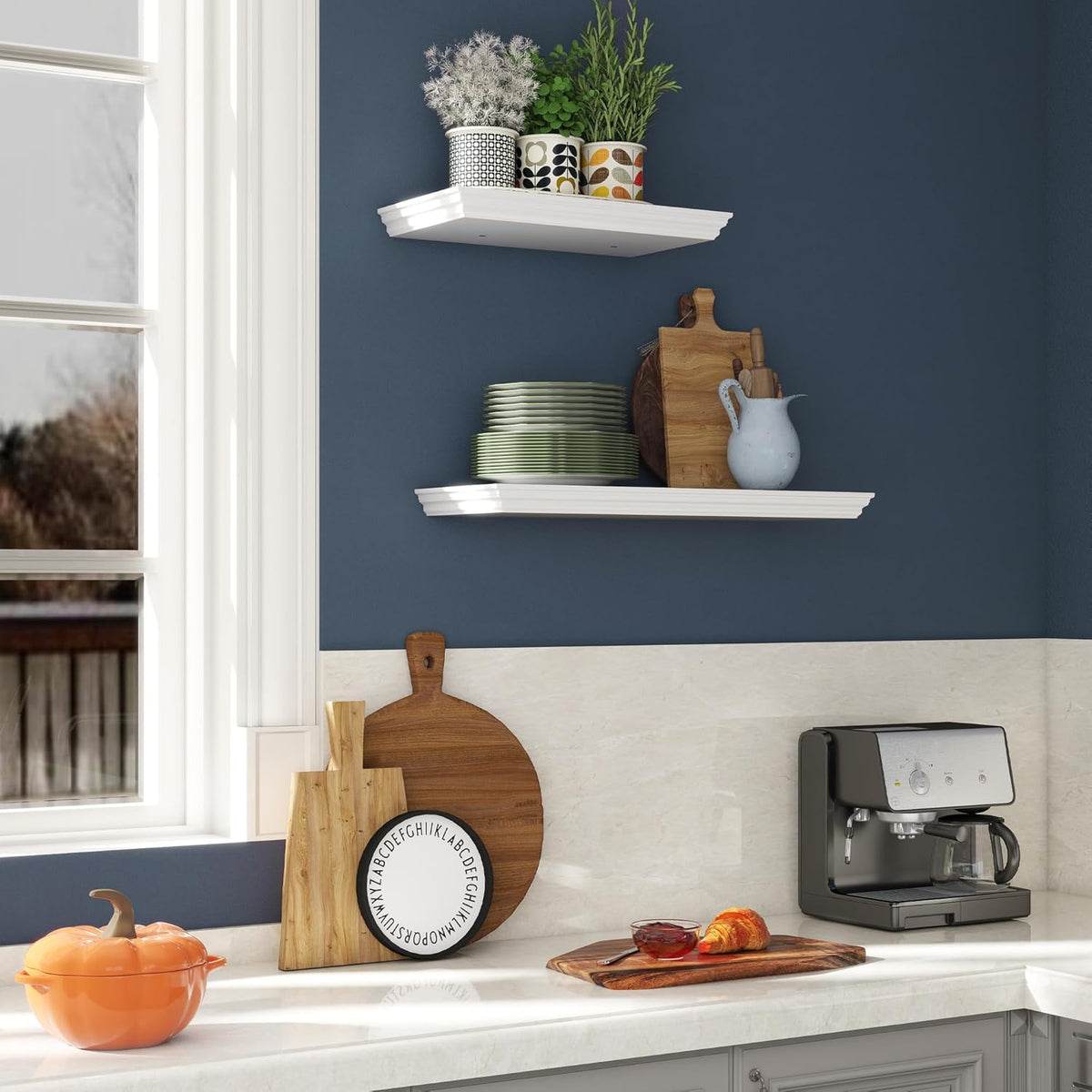 Floating Shelves for Wall, 16 Inch Wall Mounted White Hanging Shelf for Kitchen, Living Room, Office, Bedroom, Bathroom, Retro Vintage Wood Bookshelf for House Decor