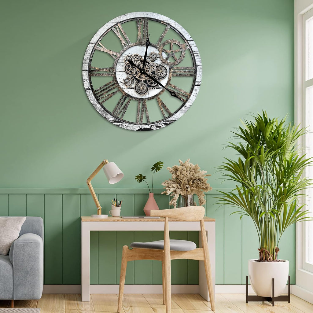 HOIBAI Large Wall Clock, Wall Clocks for Living Room Decor 36 Inch Farmhouse Vintage Rustic Kitchen Wall Decor Vintage Roman Oversized Wall Clock for Home Bedroom House, Moving Gears Clock